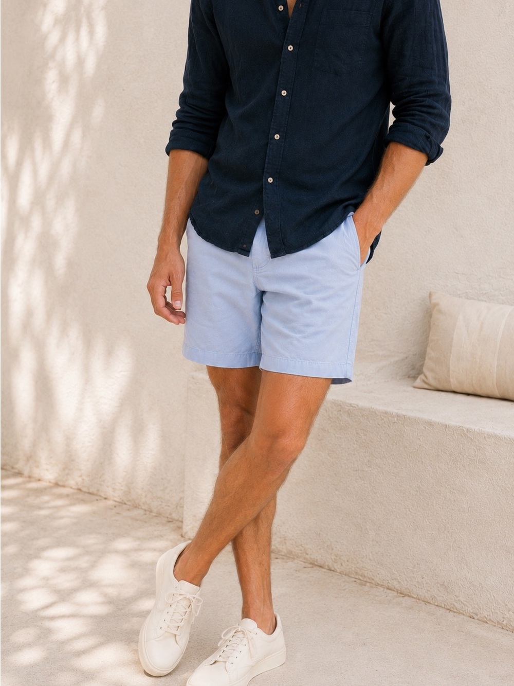 Men’s Chubbies Chambray Blue Zip Fly Cotton Stretch 7” Inseam Flat Front Shorts